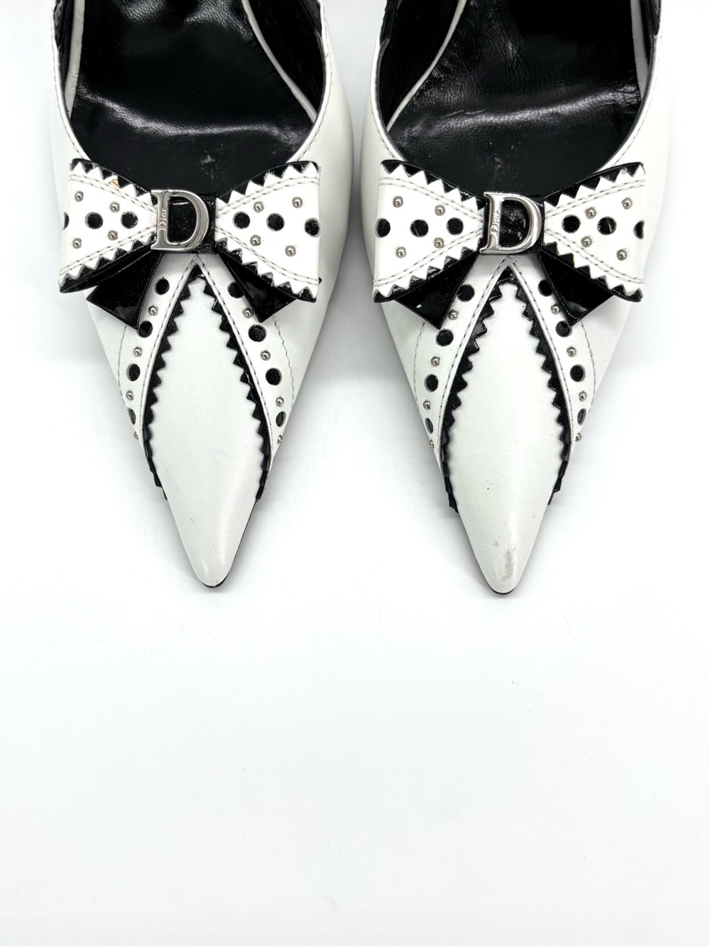 Dior John Galliano Bow Charm Studded White Black Slingback Pumps Shoes 38 - Picture 8 of 12